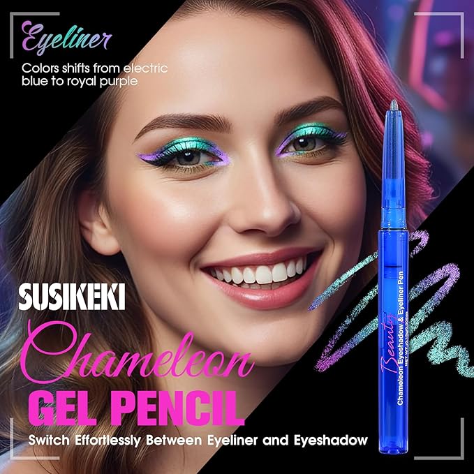 Chameleon Metallic Eyeshadow & Eyeliner Gel Pencil – Multichrome Shifting Colors Glitter Eye Makeup, Waterproof Long-Lasting Smudge-Proof Duochrome Pencil (Teal Green to Rose Magenta)