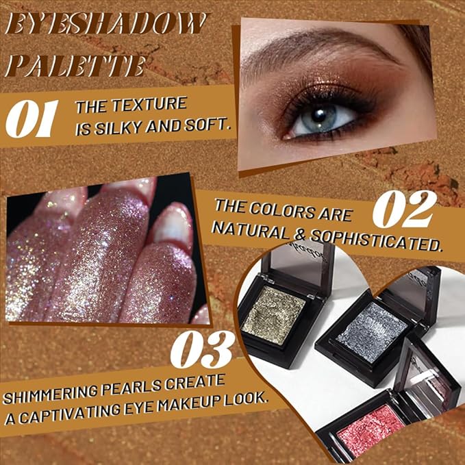 Sparkly Eyeshadow Palette for Women, Single Monochrome Eye Shadow Makeup, Shiny Pressed Cream Powder, Blendable Natural sombras para ojos, Holographic,Vegan,Travel (08-Glitter-Gold Brown)