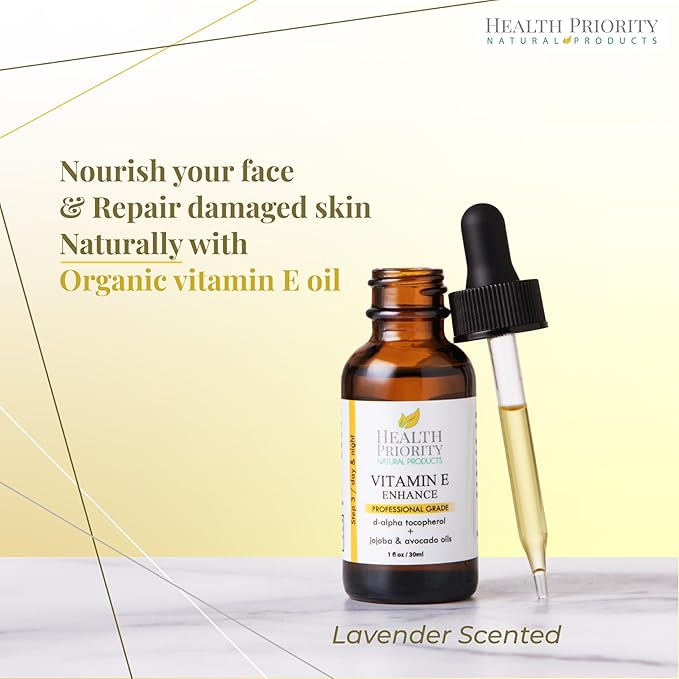 Health Priority Naturals|Organic Vitamin E Oil for Skin/Scars - 30,000 IU, 1 Fl Oz - Handmade in South Carolina, Non-GMO, Gluten/Cruelty Free, Vegan - Lavender Scented