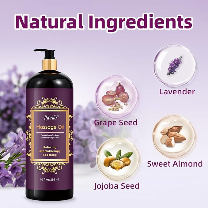 Pjordo Aromatherapy Lavender Massage Oil, 10 fl oz Relaxing Massage Oil for Massage Therapy with Grape Seed, Sweet Almond & Jojoba, Spa Quality Oils for Soothing, Calming