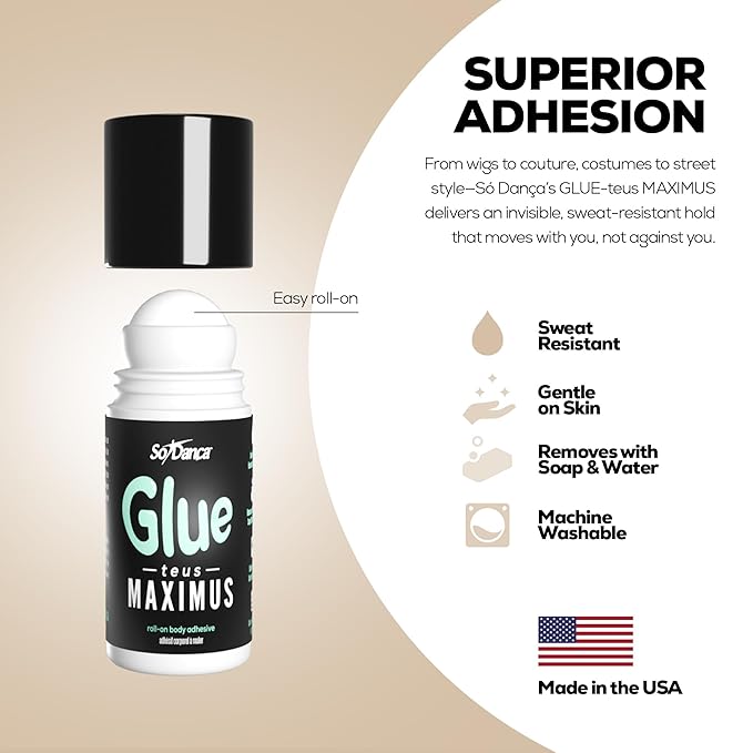 So Danca Glue-teus Maximus Roll-On Body Adhesive – Hypoallergenic, Sweat-Resistant Body Glue for Dancers, Costumes, Cosplay, Stagewear, Leotards & Pageants