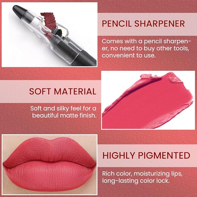 Peach Pink Matte Lip Liner Crayon with Sharpener - Waterproof Smudgeproof Long-Wear Lip Pencil, Creamy Pigmented Lip Crayon for Women, 12HR Stay Silky Velvet Lip Liner 13#