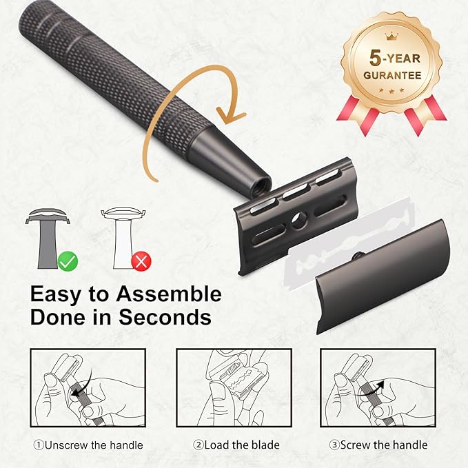 Double Edge Safety Razor with Stand, Single Blade Razors for Men and Women, with 10 Stainless Steel Double Edge Blades, Smooth and Close Shave, Plastic Free, Matte Gun Black