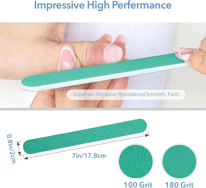 GazePlus Nail File, 50 PCS Fingernail Files 7" Long 100/180 Grit Emery Boards for Nails - Professional Nail Files Washable for Acrylic, Gel, Dip Powder, and Poly Gel Nail - Medium/Fine