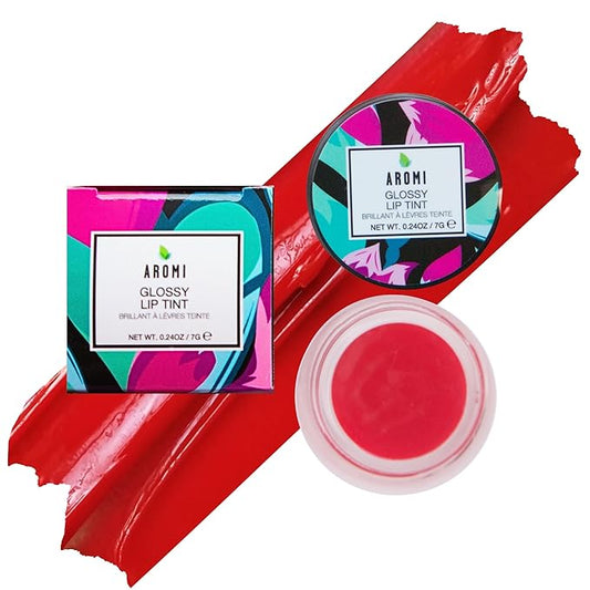 Aromi Glossy Lip Tint in Pot – Hydrating Lip Gloss Color, Sheer, Bright Red Shade, Vegan & Cruelty-free, Moisturizing, Non-Sticky Formula (Red Hibiscus)