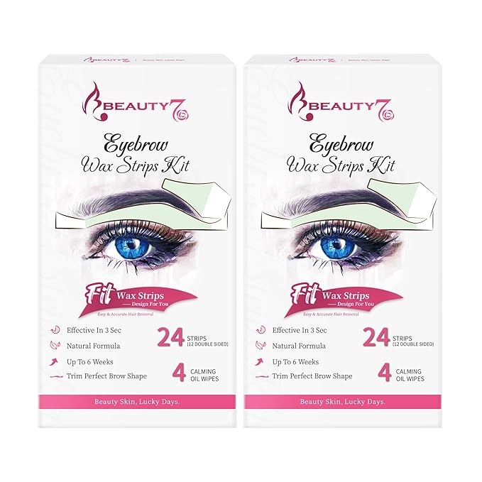 Beauty7 Wax Strips Kit for Sensitive Skin, Facial Hair Removal for Eyebrow, Lip, 24 Strips & 4 Calming Oil Wipes, At Home Waxing for Women