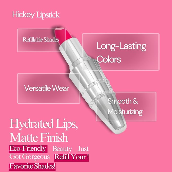 Hickey Walk of Shame Hot Pink Lipstick - Refillable, Moisturizing, Long-Lasting, Vegan, Gluten-Free Matte With Highly Pigmented Finish for Women