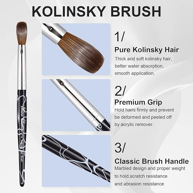 Shine Chance Acrylic Nail Art Brush Size 12, 100% Pure Kolinsky Hair Oval for Application, Professional Extension Manicure Tool Striping Drawing Pen DIY Home Salon, Black, 1.0 Count