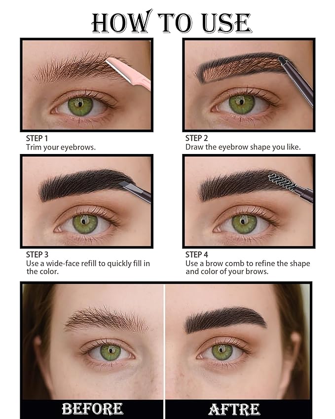 Berinist Waterproof Eyebrow Pencils for Women, 6Pcs Double-ended Black Eye Brow Pencil with Razor Kit, Triangular Tip Design Makes it Easier to Define and Fill in Brows for a Natural Look