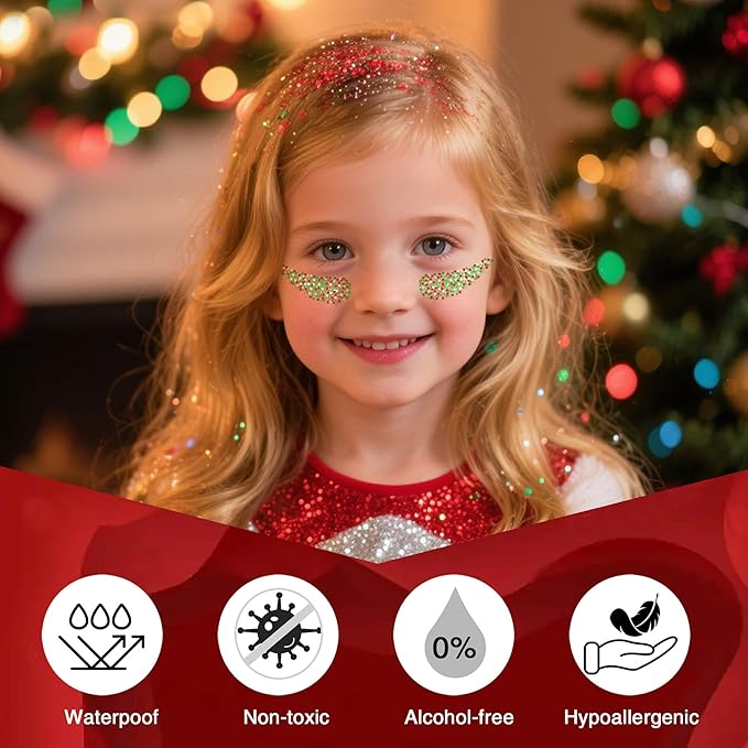 Christmas Hair Glitter Stick,Red and Green Silver Face Body Glitter for Kids,Waterproof Christmas Outfits for Women, Stocking Stuffers Sparkling Party Gift for Girls,Chunky Glitter Makeup