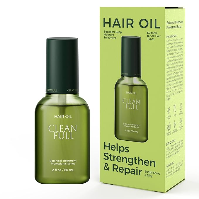 CLEANFULL Botanical Hair Oil, Lightweight Professional Treatment to Strengthen, Repair & Boost Shine, Frizz-Control, Vegan & Cruelty-Free Hair Essence, 2 Fl Oz