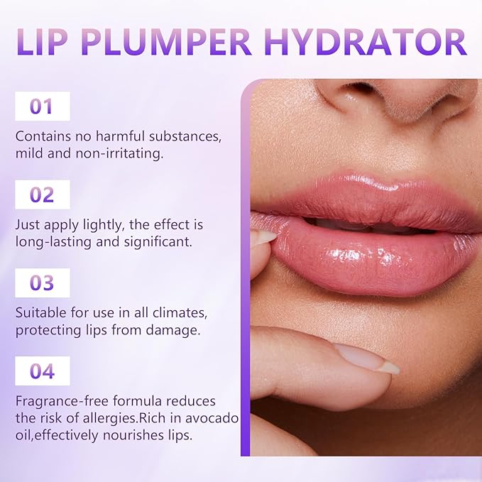 2PCS Lip Plumper, Hydrator Lip Balm, Volumizing Gloss with Anti-Aging Ingredients, High-Shine Moisturizer for Smooth, Plump Lips, Cooling & Non-Sticky Formula