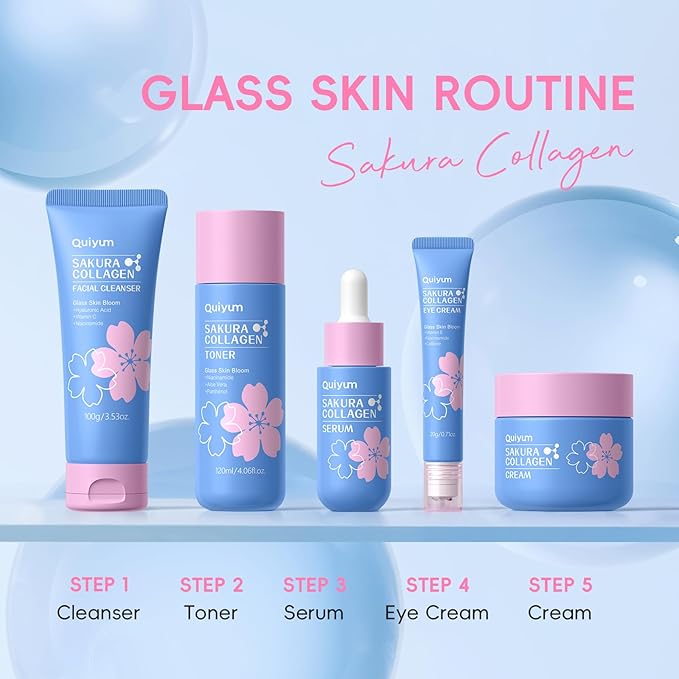 Sakura Collagen Skincare Set - 8-Piece Glass Skin Routine with Cleanser, Toner, Serum, Eye Cream, Moisturizer | Hydrating, Firming, Glowing for All Skin Types, Skin Care Gift Sets