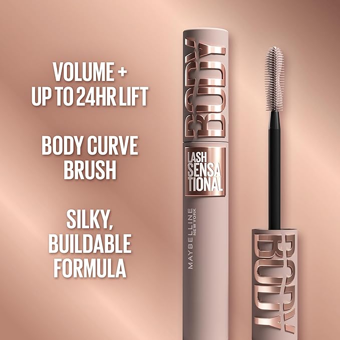 Maybelline Lash Sensational Body Washable Mascara, Volume and Length Formula for 24HR Lash Lift, Smudge and Clump-Resistant, Very Black