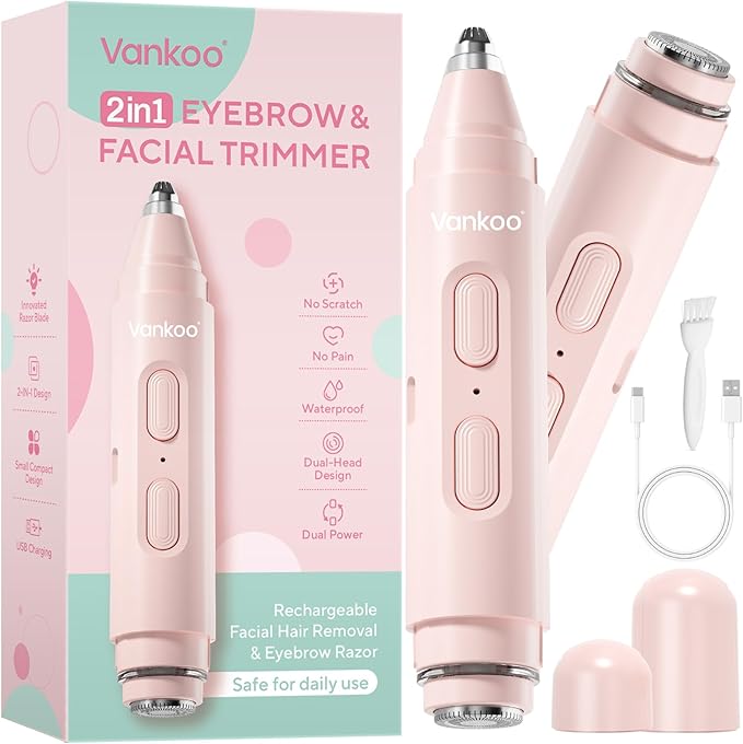 Vankoo Facial Hair Remover & Eyebrow Trimmer - 2 in 1 Eyebrow & Face Shaver for Women - Rechargeable Face Razors for Women with Built-in LED Lights - Painless Hair Removal for Flawless Skin & Makeup