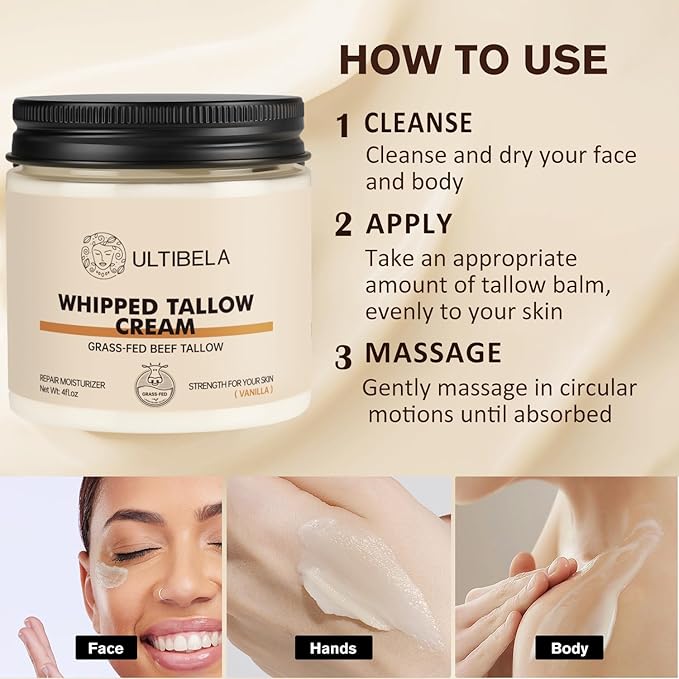 Beef Tallow for Skin, 100% Grass-Fed Whipped Tallow and Honey Balm for Body ＆ Face Natural Body Cream for Dry & Sensitive Skin Care 4OZ (Vanilla)