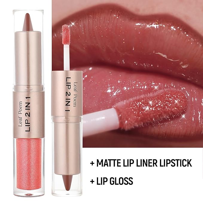 2-in-1 Double-Ended Matte Lip Liner & Lip Gloss Duo, Cool Nude Brown Ombre Lip Combo Pencil, Lip Liner and Lipstick Gloss Set for Defined & Fuller Looking Lips, #01 Cool Nude Brown