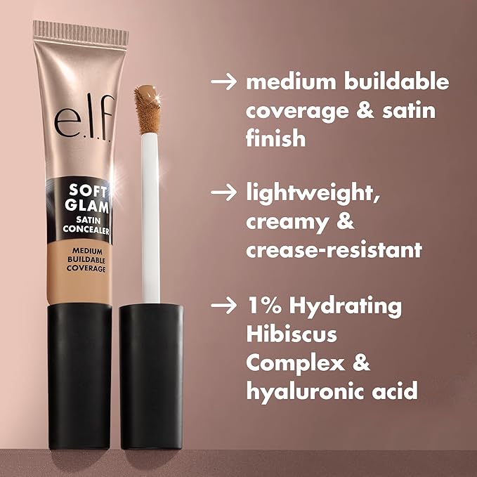 e.l.f. Soft Glam Satin Concealer, Medium Coverage For Blemishes & Under-Eye, Crease-Resistant, Long Lasting, Vegan & Cruelty-Free, 44 Tan Cool