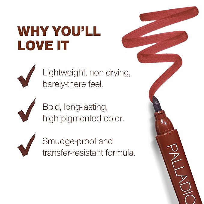 Palladio Lip Stain, Hydrating and Waterproof Formula, Matte Color Look, Longlasting All Day Wear Lip Color, Smudge Proof Natural Finish, Precise Chisel Tip Marker, Rose