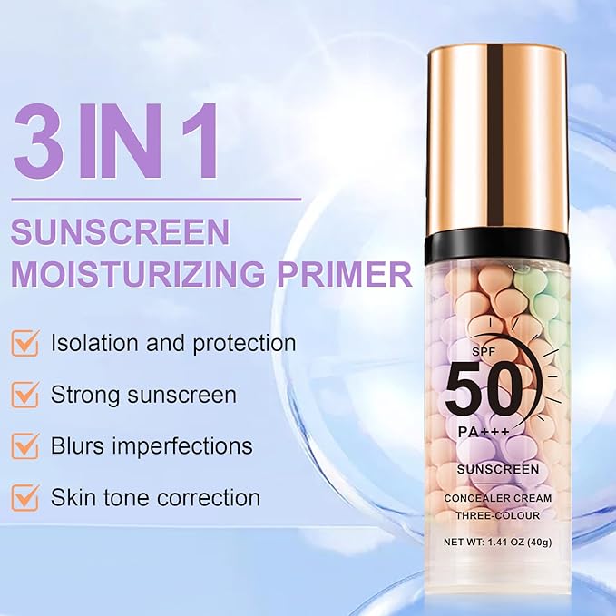 3 In 1 Primer for Face Before Makeup,SPF 50, Sunscreen One Step Color Corrector Face Isolation Cream, Blurs Imperfections Oil Control & Moisturizing Skin Tone Correcting (Purple Pink Green)