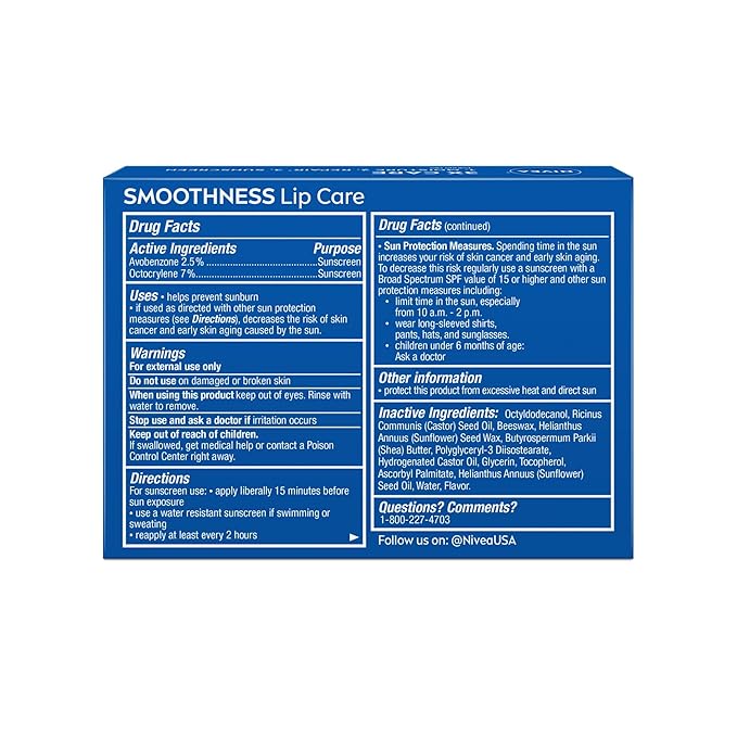 NIVEA Smoothness Lip Care, Sunscreen Lip Balm with SPF 15 Broad Spectrum, Shea Butter, Nourishing Oils and Vitamin C & E, 3-in-1 Moisture, Repair and Sunscreen, 0.17 Oz Stick, Pack of 4
