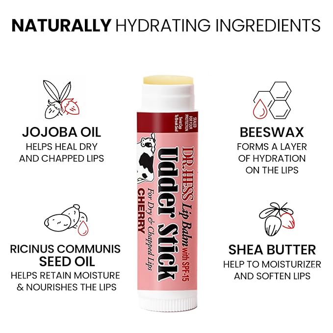Dr. Hess Original Udder Stick SPF Lip Balm, Soothing Moisturizer Sun Screen Balm for Dry Lips with Jojoba, Beeswax & Shea Butter, Total Lip Care, Hydration & Repair, Cherry Flavor, 4 Pack