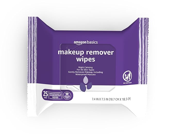 Amazon Basics Makeup Remover Wipes, Gentle Cleansing, Dermatologist Tested, Night Calming, Plant Based, Alcohol-Free, Removes Waterproof Mascara, 25 Count Per Pack, Pack of 1