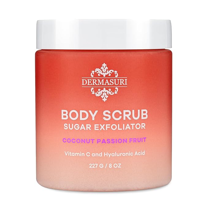 Dermasuri - Exfoliating Sugar Scrub - Body Scrubber for Men & Women - Exfoliates & Removes Dead, Dry Skin for a Soft & Radiant Glow - Deep Hydration & Moisture - Coconut Passion Fruit