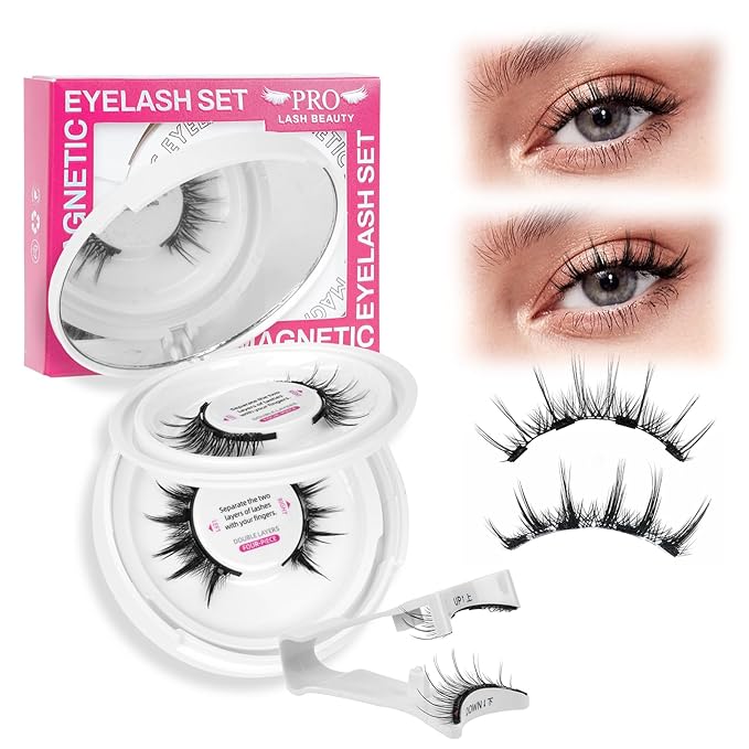 Magnetic Eyelashes Long Lasting And Reusable Magnetic Lashes 2 Pair 4 Magnets No Glue Needed False Eyelashes Waterproof,Cruelty Free,Easy To Wear(2 pair,Merry+Pure)