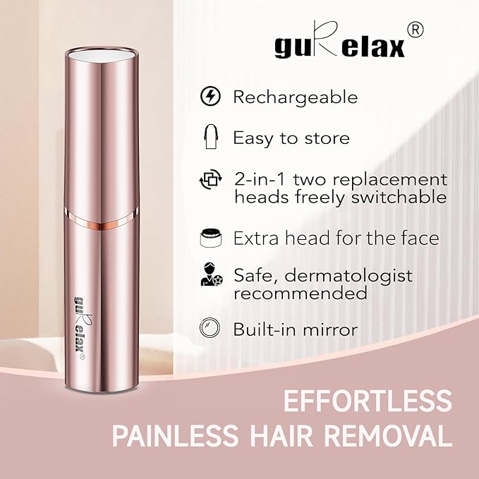 Gurelax Eyebrow & Facial Trimmer: 2-in-1 Electric Facial Hair Removal & Eyebrow Shaver (Built-in Mirror), Face Razor for Women with 2 Replacement Heads
