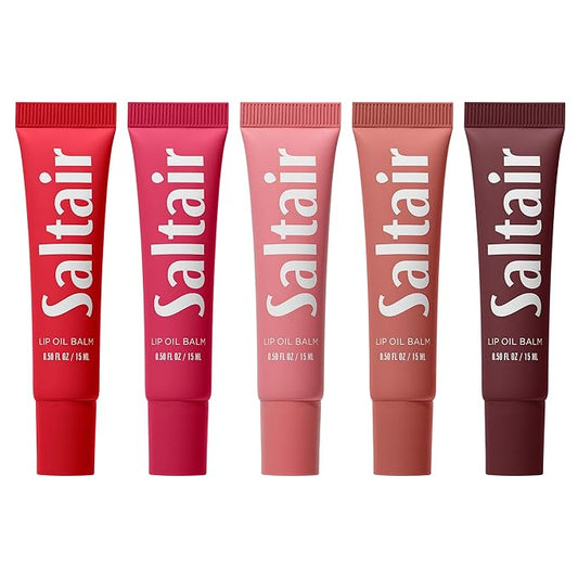 Saltair Hydrating Lip Oil Balm, Clear and Tinted Lip Gloss, Everyday Shades 5-Pack. Moisturizing Vegan Conditioning for Dry Cracked Lips with Glossy High-Shine Finish. Coconut Vanilla Flavor