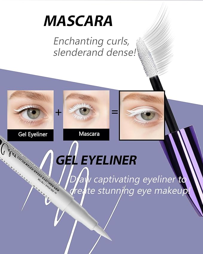 Waterproof White Mascara&Liquid Eyeliner Pen Set,Volumizing Colored 5D Fiber Mascara for Eyelash Volume and Length Máscara,Longlasting Smudgeproof Matte Color Eye Liner Pencil Women Party Stage Use