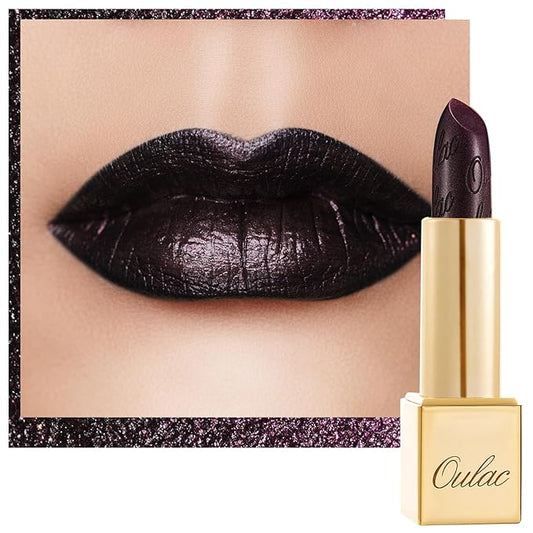 Oulac Halloween Black Lipstick for Women, Black with Raspberry Shimmer, High-Impact Lipcolor with Moisturizing Creamy Formula, Vegan & Cruelty-Free, Midnight Mirage (21)