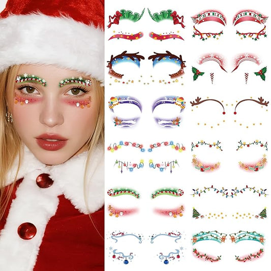 Christmas Eye Shadow Temporary Tattoos Stickers Face Makeup Patches, Xmas Tree Santa Claus Eyeliner Decals Fake Tattoos for Women Girls, Christmas Stocking Stuffers Party Supplies