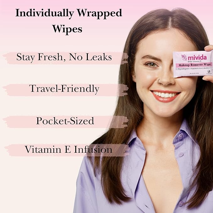 mivida 100 Count Individually Wrapped Makeup Remover Wipes with Vitamin E | Fragrance-Free, Alcohol-Free makeup wipes | Hypoallergenic single make up removing wipes