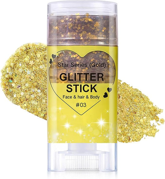 Gold Body Glitter Stick, Halloween Face Glitter Makeup,Holographic Hair Glitters Mermaid Makeup Rave Outfits for Women, Shimmer Face Paint Stick for Christmas (Gold)
