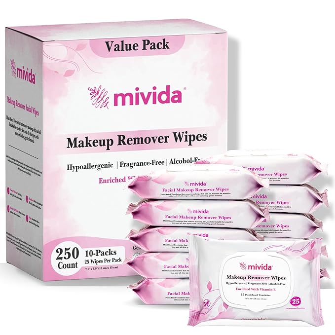 mivida Hypoallergenic Makeup Remover Wipes Bulk with Vitamin E, 250 count (10×25) Value box, Alcohol Free, Fragrance Free Makeup Wipes for Sensitive Skin, Travel Size Plant Based Facial Towelettes