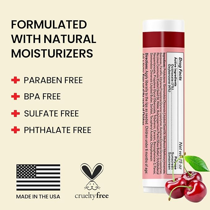 Dr. Hess Original Udder Stick SPF Lip Balm, Soothing Moisturizer Sun Screen Balm for Dry Lips with Jojoba, Beeswax & Shea Butter, Total Lip Care, Hydration & Repair, Cherry Flavor, 4 Pack