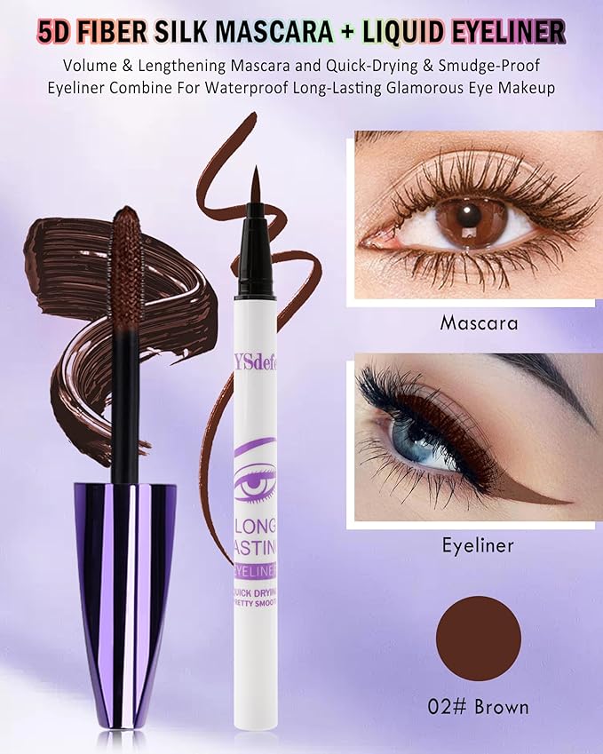 Brown Mascara Liquid Eyeliner Set,5D Waterproof Fiber Colored Mascara Volume and Length,Longlasting Smudgeproof Color Eye Liner Pen,Cosplay Party Stage Use,Christmas Makeup Gift for Women Girl-02