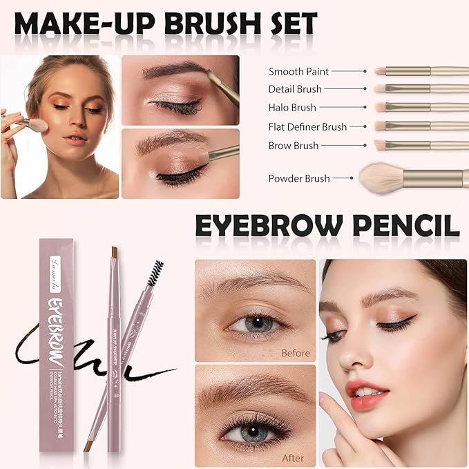 All in One Makeup Kit - Set for Women, Girls & Teens, Include 10 Colors Eyeshadow Palette, Lip Gloss, Eyebrow Eyeliner Pencil, Waterproof Mascara, 6 Pcs Brushes (Pink Kits)