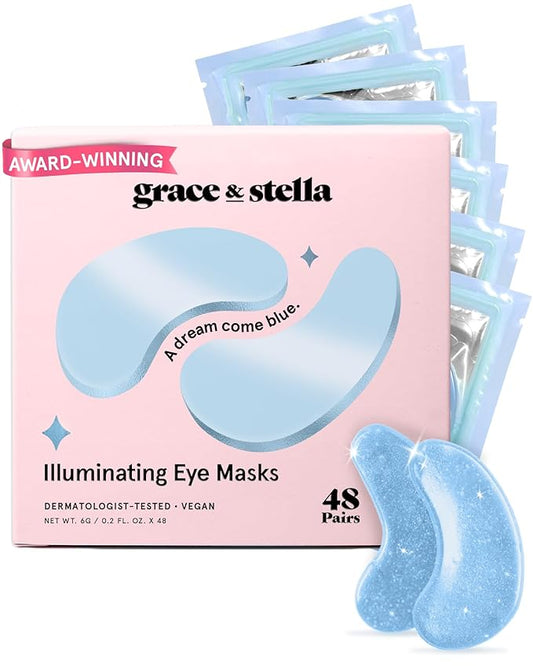 grace & stella Award Winning Under Eye Mask Reduce Dark Circles, Puffy Eyes, Wrinkles - Undereye Patches -White Elephant Gifts for Adults (Blue Eye Mask 48 Pairs)