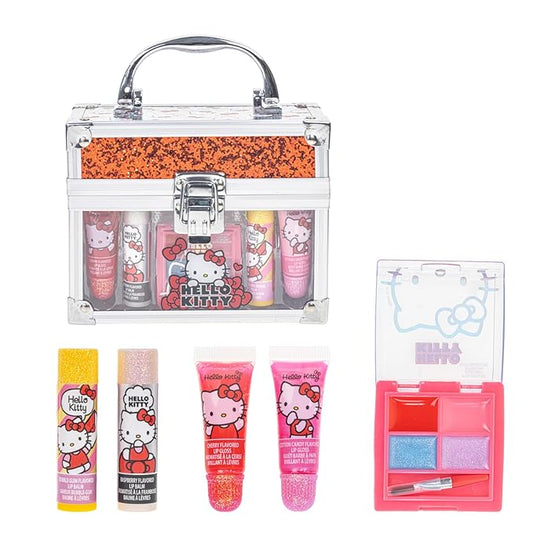 Hello Kitty Beauty Mini Train Case Set Includes Lip Gloss Tube, Lip Balm, Lip Gloss Compact for Girls Party, Sleepovers by Townley Girl