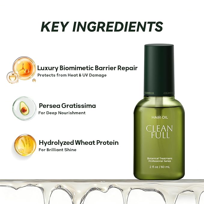 CLEANFULL Botanical Hair Oil, Lightweight Professional Treatment to Strengthen, Repair & Boost Shine, Frizz-Control, Vegan & Cruelty-Free Hair Essence, 2 Fl Oz