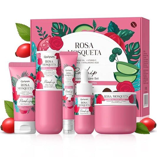 Skin Care Set, Rosehip & Vit-E Skincare Kits 5PCS- Restore Skin Elasticity, Refine Texture, Even Tone, Moisturizing, for All Skin Types, Valentine's Day Birthday Gift, Suitable for Cold Regions