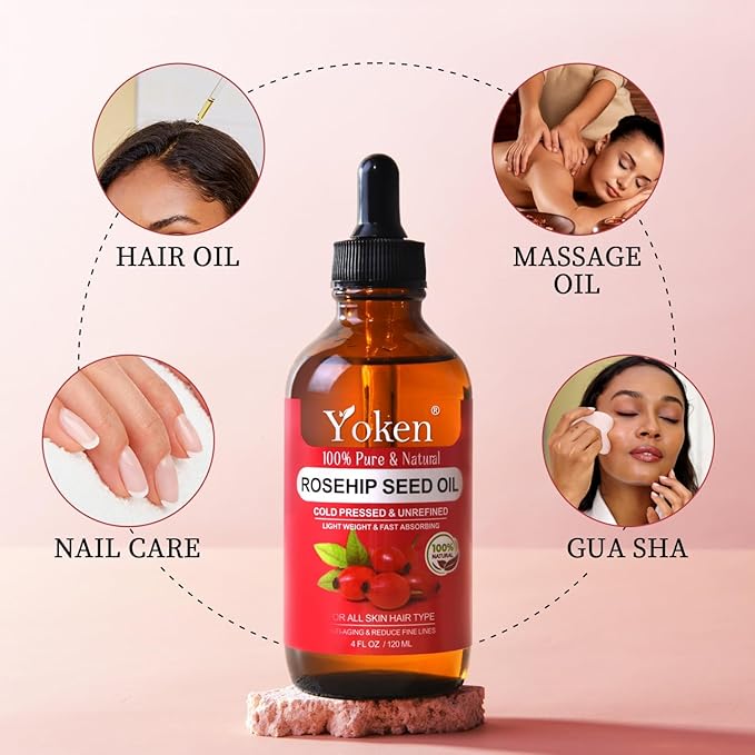 Yoken Rosehip Seed Oil for Face 4 fl oz 100 Pure & Natural Cold Pressed Unrefined Organic Rosehip Oil for Skin, Hair, Nails, Anti-Aging Facial & Gua Sha oil