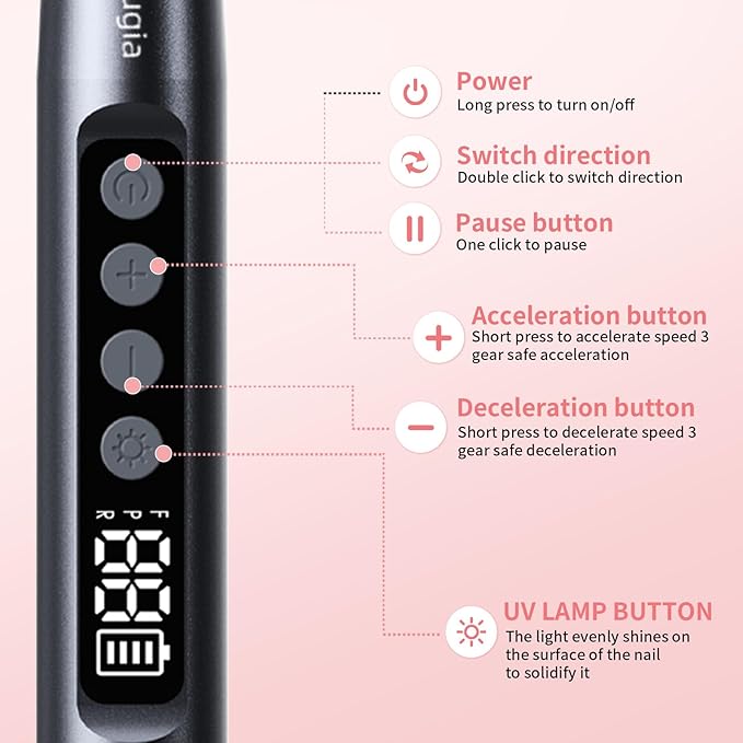 Professional Cordless Nail Drill and UV Light, 35000 RPM Electric Nail File Acrylic Gel Dip Powder Nail Tools, Portable Rechargeable Nail Pedicure Kit for Home & Travel, Gray(KY-9GJ)