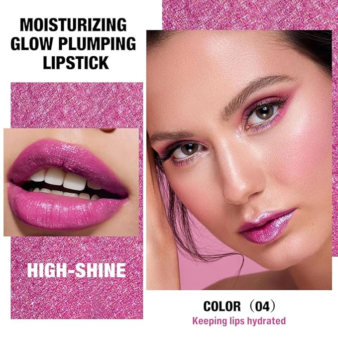 Light Purple Shimmer Metallic Moisturizing Glow Plumping Lipstick Makeup,Lipstick with Metallic 3D Shine Lightweight Hydrating Formula,Glitter Lip Gloss Stain Long Lasting Waterproof (04#Light Purple)