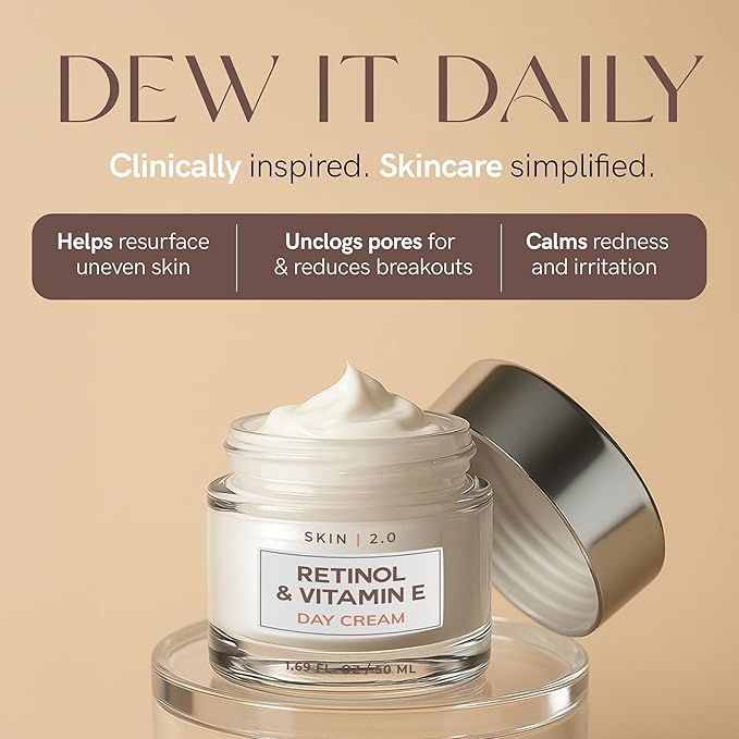 Skin 2.0 Retinol & Vitamin E Face Moisturizer - Dermatologist Tested, Hydrating, Restores Sun-Damaged Skin, Anti-Aging - Reduces Acne Scars, Clean Beauty, Cruelty-Free Korean Skincare - 1.69 Fl oz