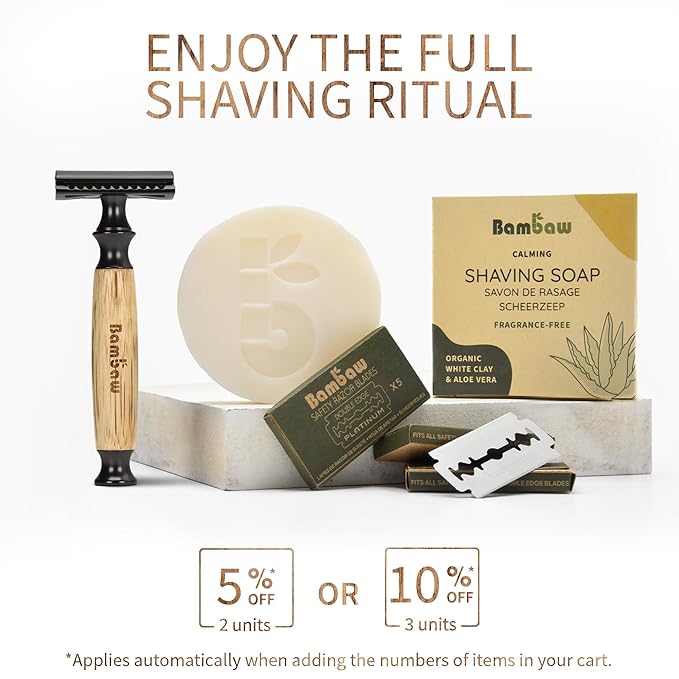 Bambaw Double Edge Safety Razor Men & Women with 5 Replacement Shaving Blades, Women Razor One Blade, Close & Smooth Shave (Thick Bamboo Black)