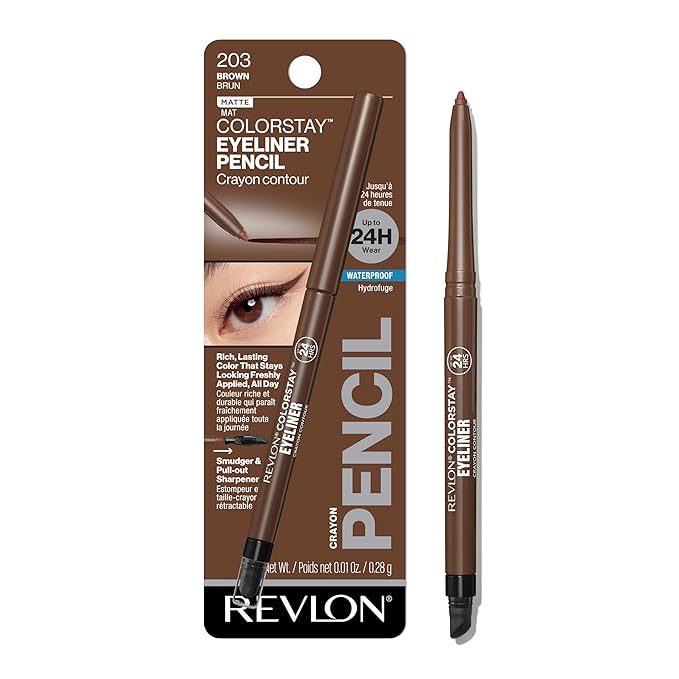 Revlon ColorStay Pencil Waterproof Eyeliner, Smudge-Proof, Eye Makeup with Built-In Sharpener, Stocking Stuffer for Women, 203 Brown, 0.01 oz